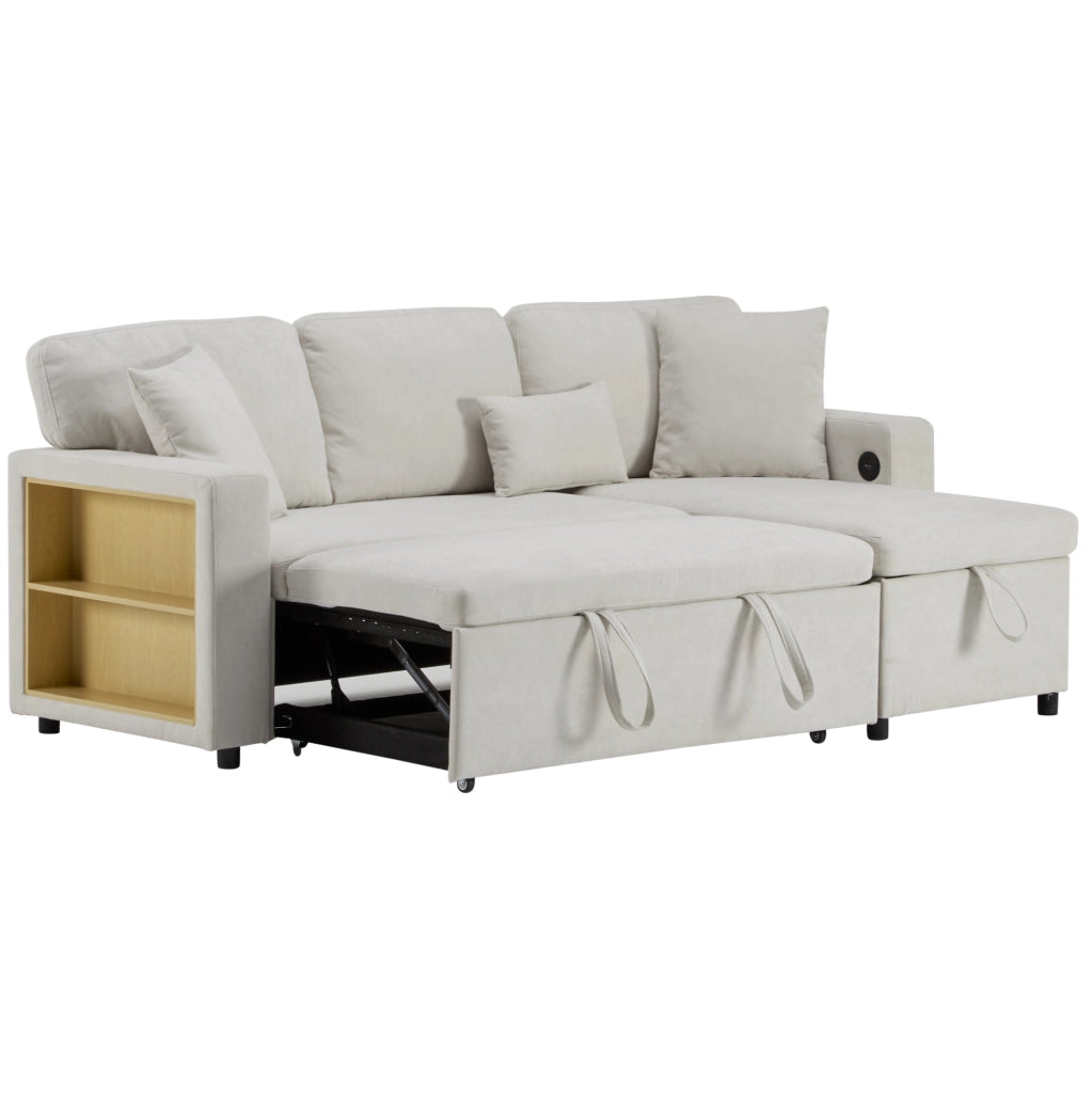 Divano letto 3 posti beige con USB, contenitore e ripiano