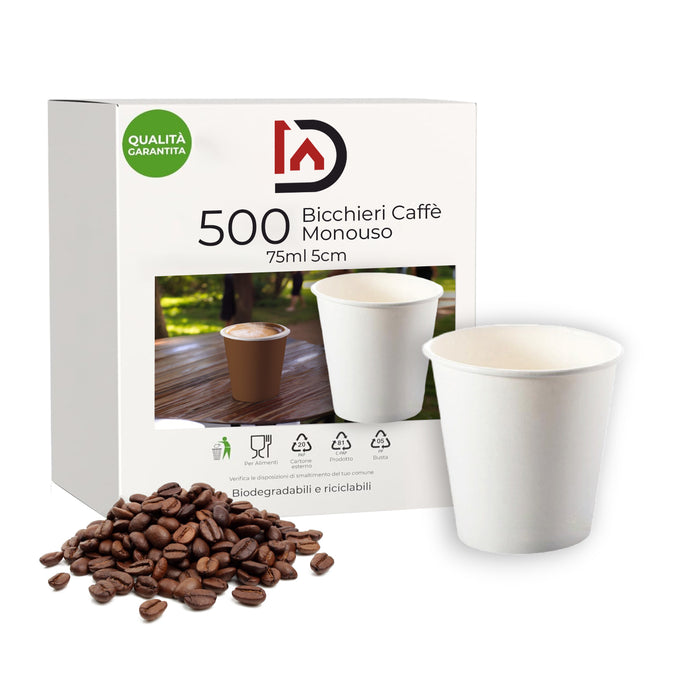 Bicchieri Caffe in Carta 75ml H. 5cm Maxi Scorta 500pz 100% Biodegradabili Bianco