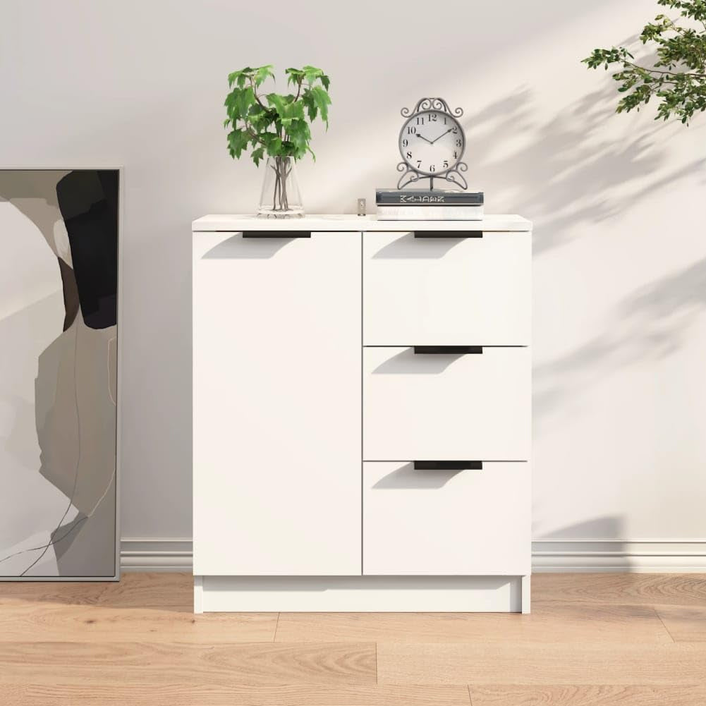 Credenza in Legno Bianco Cassettiera Consolle 1 Anta e 3 Cassetti Salvaspazio