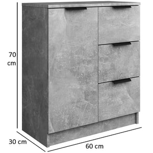 Credenza in Legno Cemento Cassettiera Consolle 1 Anta e 3 Cassetti Salvaspazio