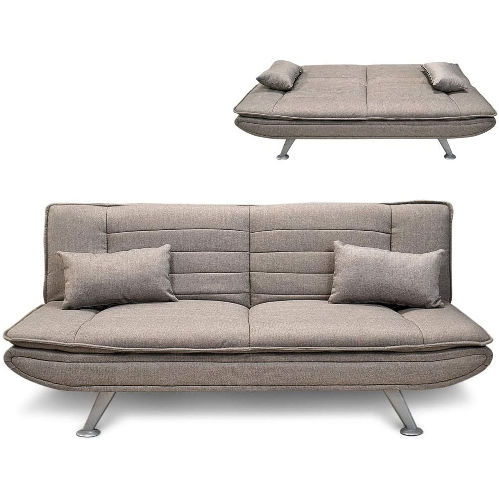 Divano Letto Ginevra Clic Clac 3 Posti Tessuto Imbottito Metallo Cuscini Tortora