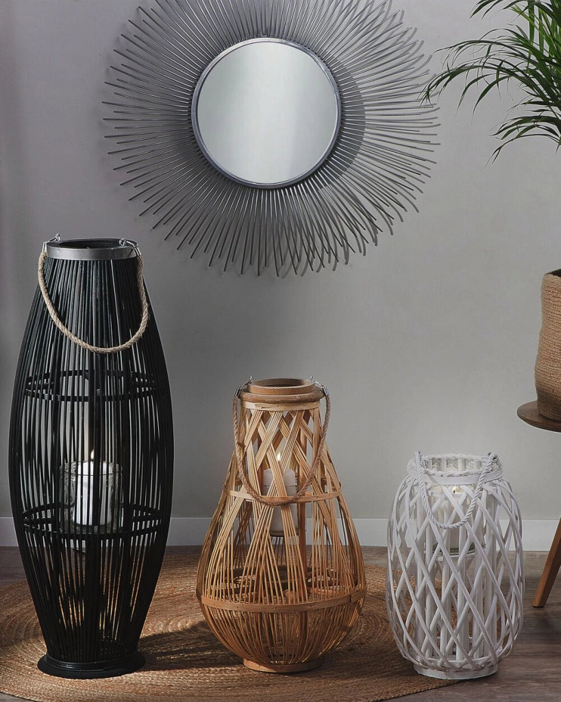 Lanterna leggera in legno di bambù e vetro 56 cm Portacandele intrecciato per interni ed esterni Boho scandinavo