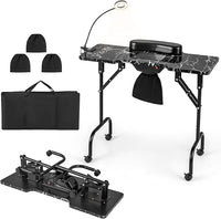 Tavolo per Manicure Pieghevole con Aspiratore Elettrico, Tavolo per Unghie Portatile con Luce LED, Cuscino Poggia Polso Clienti, Borsa e 4 Ruote Bloccabili (Nero)