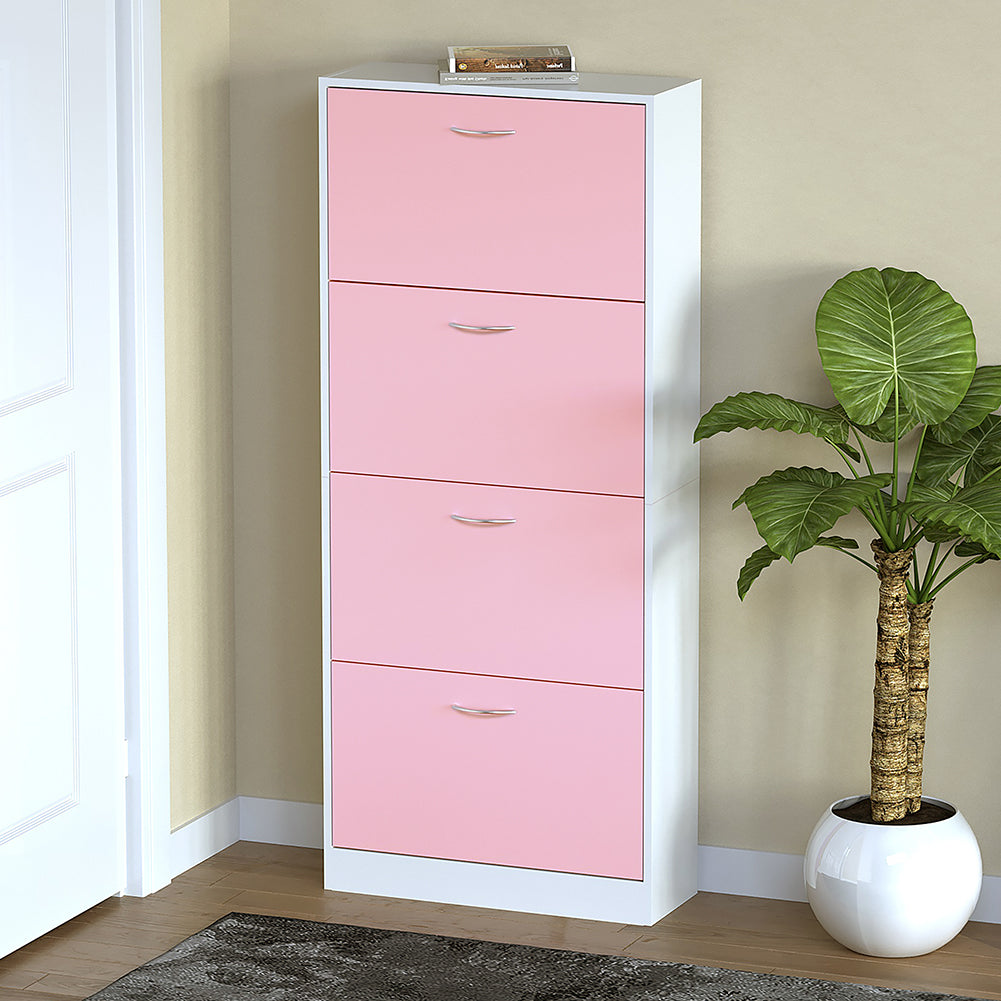 Scarpiera 4 Ante Ripiani Doppia Profondità con Maniglia Rosa e Bianco 63x24x150cm