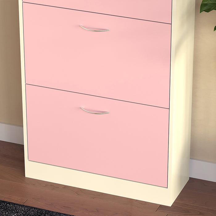 Scarpiera 4 Ante Ripiani Doppia Profondità con Maniglia Rosa e Bianco 63x24x150cm