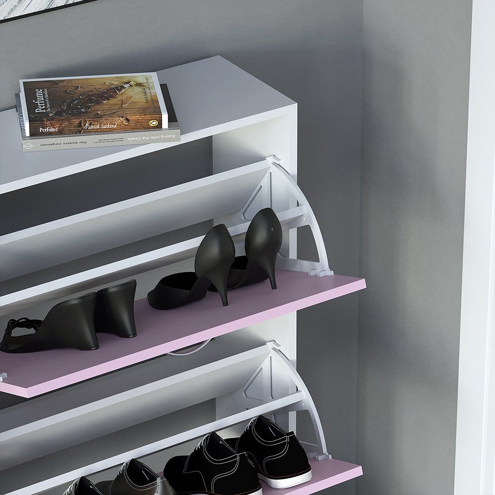 Scarpiera 4 Ante Ripiani Doppia Profondità con Maniglia Rosa e Bianco 63x24x150cm