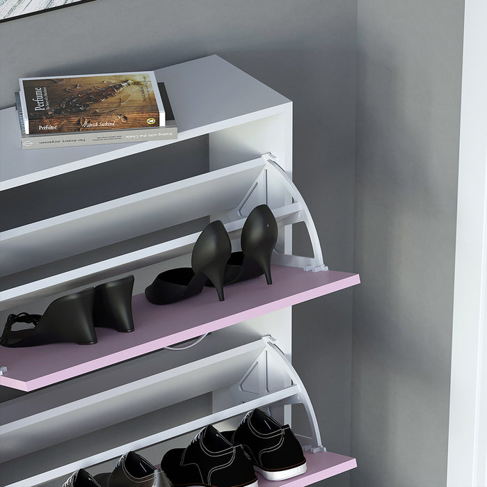 Scarpiera 4 Ante Ripiani Doppia Profondità con Maniglia Rosa e Bianco 63x24x150cm