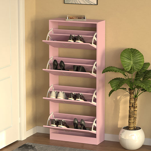 Scarpiera 4 Ante Ripiani Doppia Profondità con Maniglia Colore Rosa 63x24x150cm