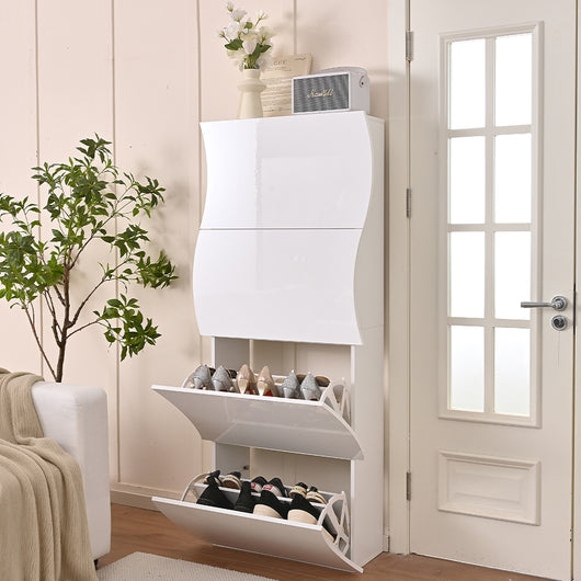 Scarpiera Ingresso in Legno Lucido ONDE 4 Ante Bianco Salvaspazio 71x26.5x161cm