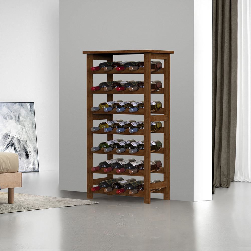 Cantinetta Portavino in Legno Bambù Noce con 28 Scomparti Bar Portabottiglie