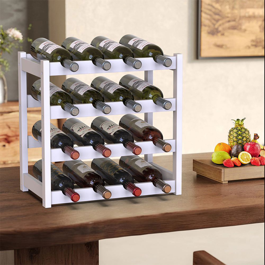 Cantinetta Portavino in Legno Bambù Bianco con 16 Scomparti Bar Portabottiglie