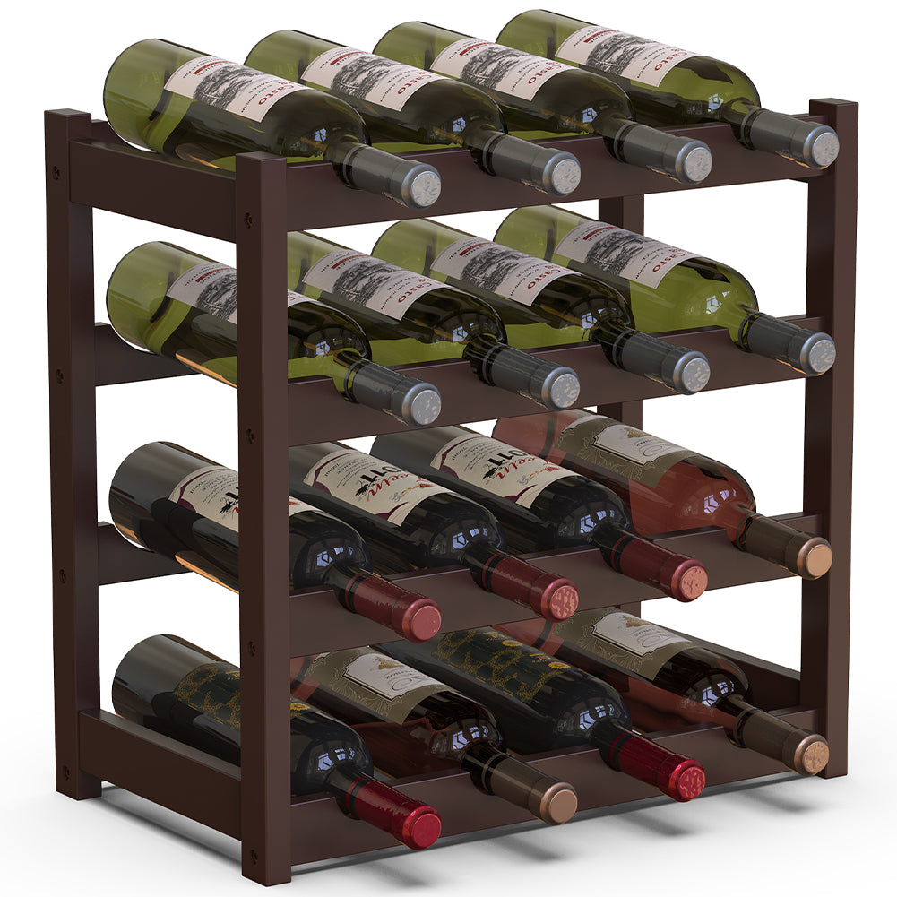 Cantinetta Portavino in Legno Bambù Noce con 16 Scomparti Bar Portabottiglie