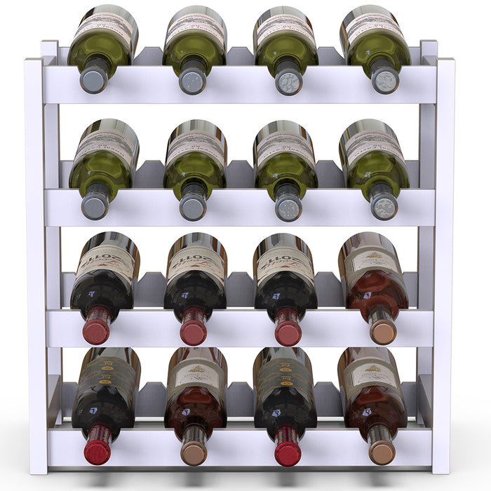 Cantinetta Portavino in Legno Bambù Bianco con 16 Scomparti Bar Portabottiglie