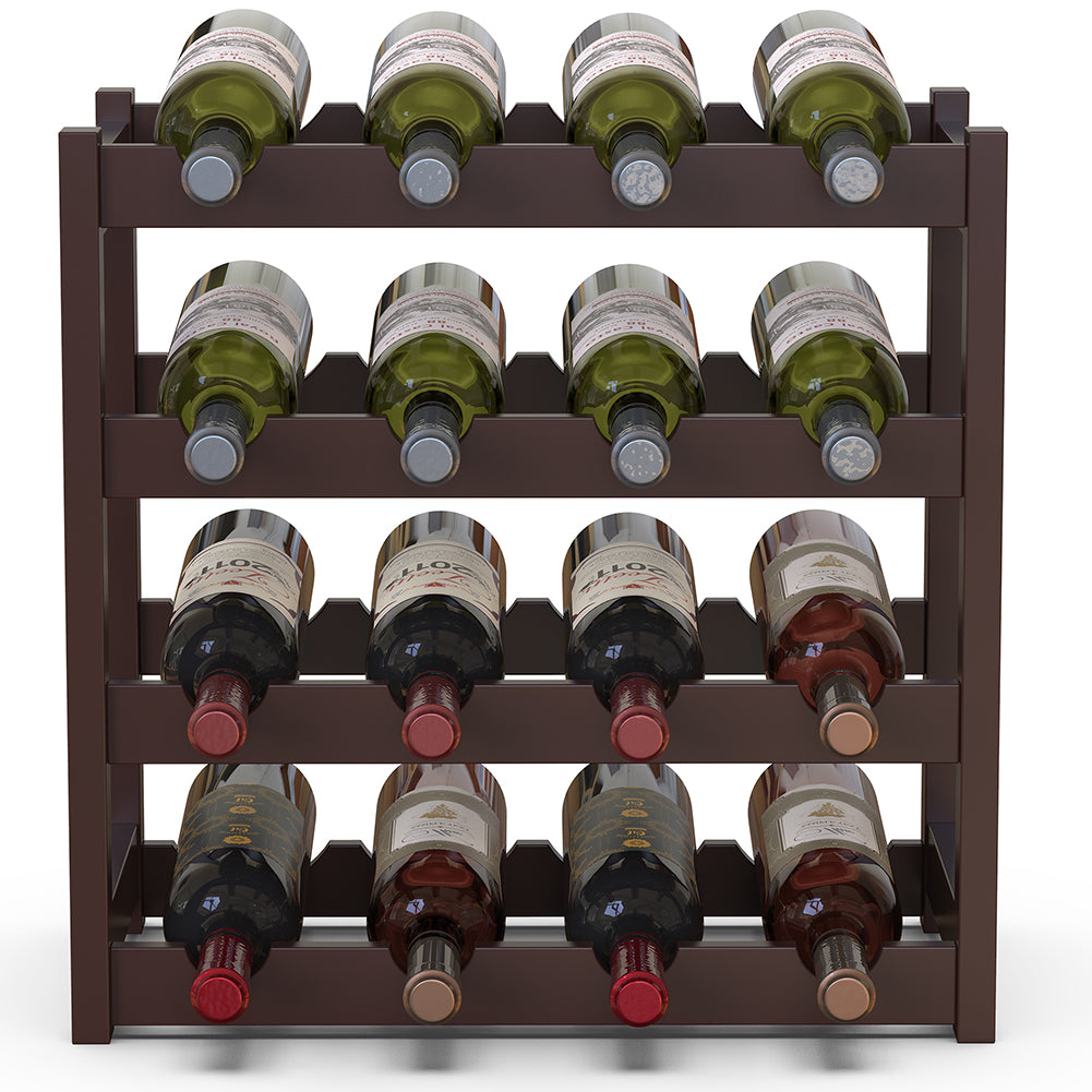 Cantinetta Portavino in Legno Bambù Noce con 16 Scomparti Bar Portabottiglie