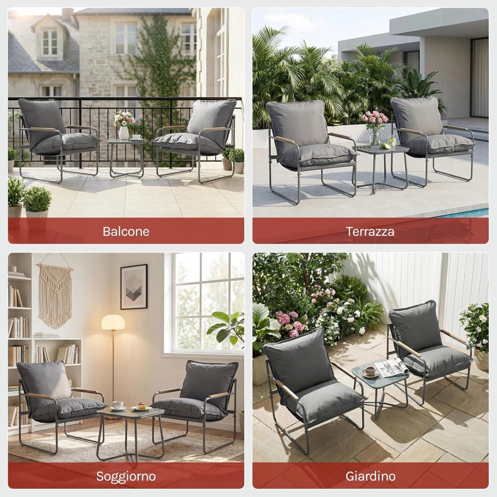 Set 3 Pezzi Salotto da Giardino per 2 Persone, Mobili da Esterno con 1 Tavolino e 2 Sedie con Cuscini Rimovibili, per Giardino, Terrazza e Balcone, in Metallo, Grigio