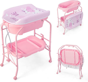 Fasciatoio con Vaschetta per Bambini, Vasca da Bagno per Neonati, Fasciatoio Pieghevole con Materassino, Cestino Portaoggetti, Ruote con Freno, Portata 35kg+15kg (Rosa)