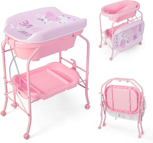 Fasciatoio con Vaschetta per Bambini, Vasca da Bagno per Neonati, Fasciatoio Pieghevole con Materassino, Cestino Portaoggetti, Ruote con Freno, Portata 35kg+15kg (Rosa)
