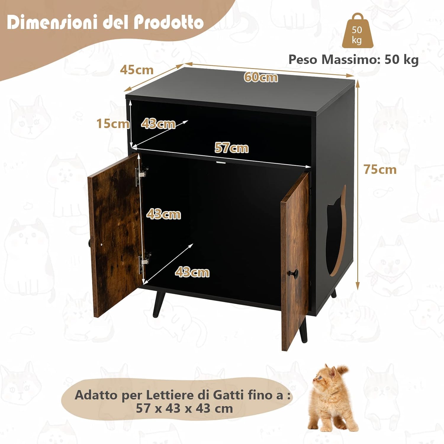 Mobile per Lettiera per Gatti, Casetta per Gatti con Ingresso, Gambe Inclinate e Scomparto Aperto, Tavolino in Legno Versatile per Salotto, 60 x 45 x 75 cm, Marrone e Nero