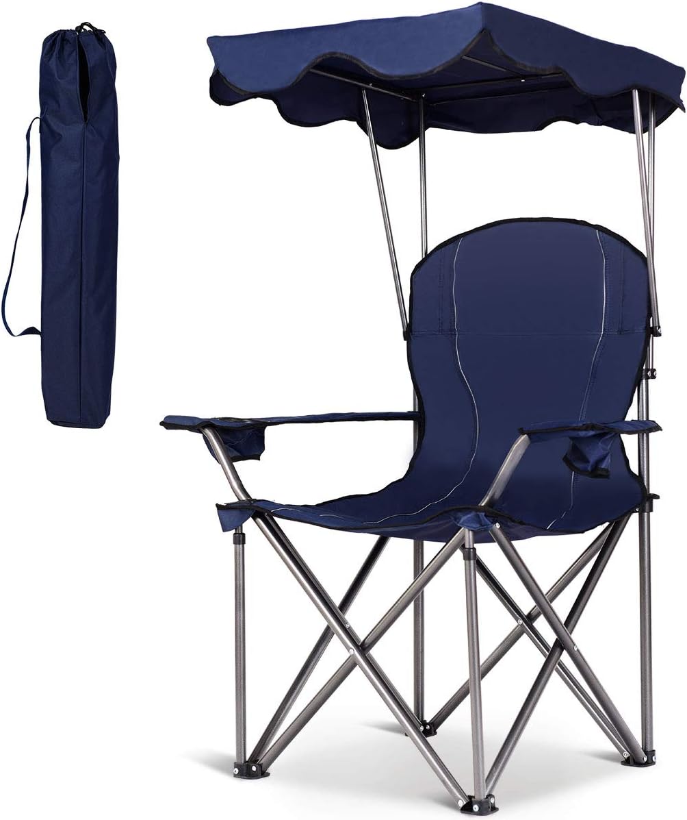 Sedia da Campeggio con Parasole, Sedia Pieghevole da Spiaggia con Portabicchieri, Braccioli Imbottiti, Portatile Reclinabile, Acciaio Carico 120 kg (Blu)