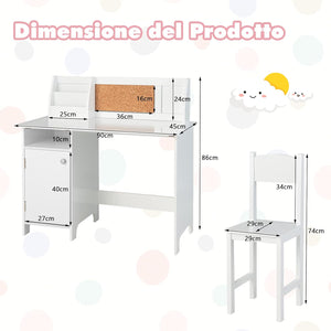 Set di Scrivania e Sedia per Bambini, Scrivania per Bambini con Cassetto, Armadietti e Scaffale, Bianco, 90 x 45 x 86 cm
