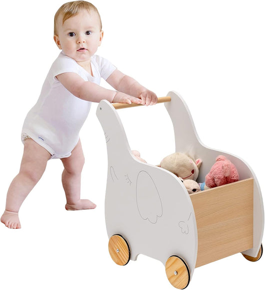 Carrellino Primi Passi per Bambini in Legno, Carrello Portagiochi Design 2 in 1 con Ruote in Gomma, Ideale per Bambini e Bambine con Età più di 3 Anni, 32 x 48 x 56 cm, Grigio (Bianco)