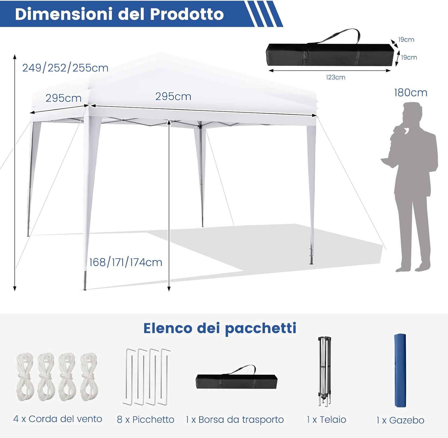 Gazebo Pieghevole da Giardino 295 x 295 cm, Gazebo Pop Up Impermeabile e Potezione Solare, Regolabile in Altezza, con Borsa da Trasporto, per Feste, Barbecue, Giardino e Spiaggia (Bianco)