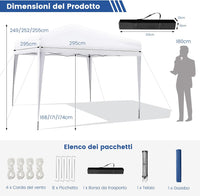 Gazebo Pieghevole da Giardino 295 x 295 cm, Gazebo Pop Up Impermeabile e Potezione Solare, Regolabile in Altezza, con Borsa da Trasporto, per Feste, Barbecue, Giardino e Spiaggia (Bianco)