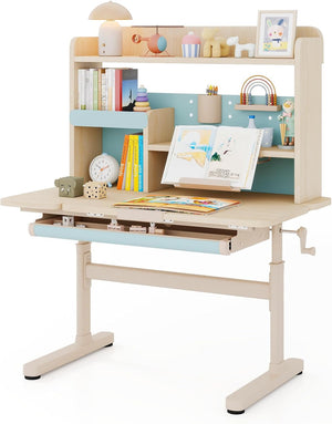 Scrivania per Bambini 3+ Anni, Tavolo da Studio Regolabile in Altezza con Libreria e Cassetto, Piano Inclinabile, Mensole, Leggio e Portapenne, Scrivania per Studiare (Blu)