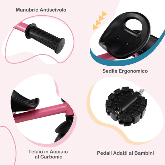 Triciclo per Bambini, Trike con Sede Regolabile Cestini Anteriori e Posteriori, Bicicletta a 3 Ruote con Telaio in Ferro Carbonioso di Alta Resistenza, per Bambini 1,5-5 Anni (Rosa)