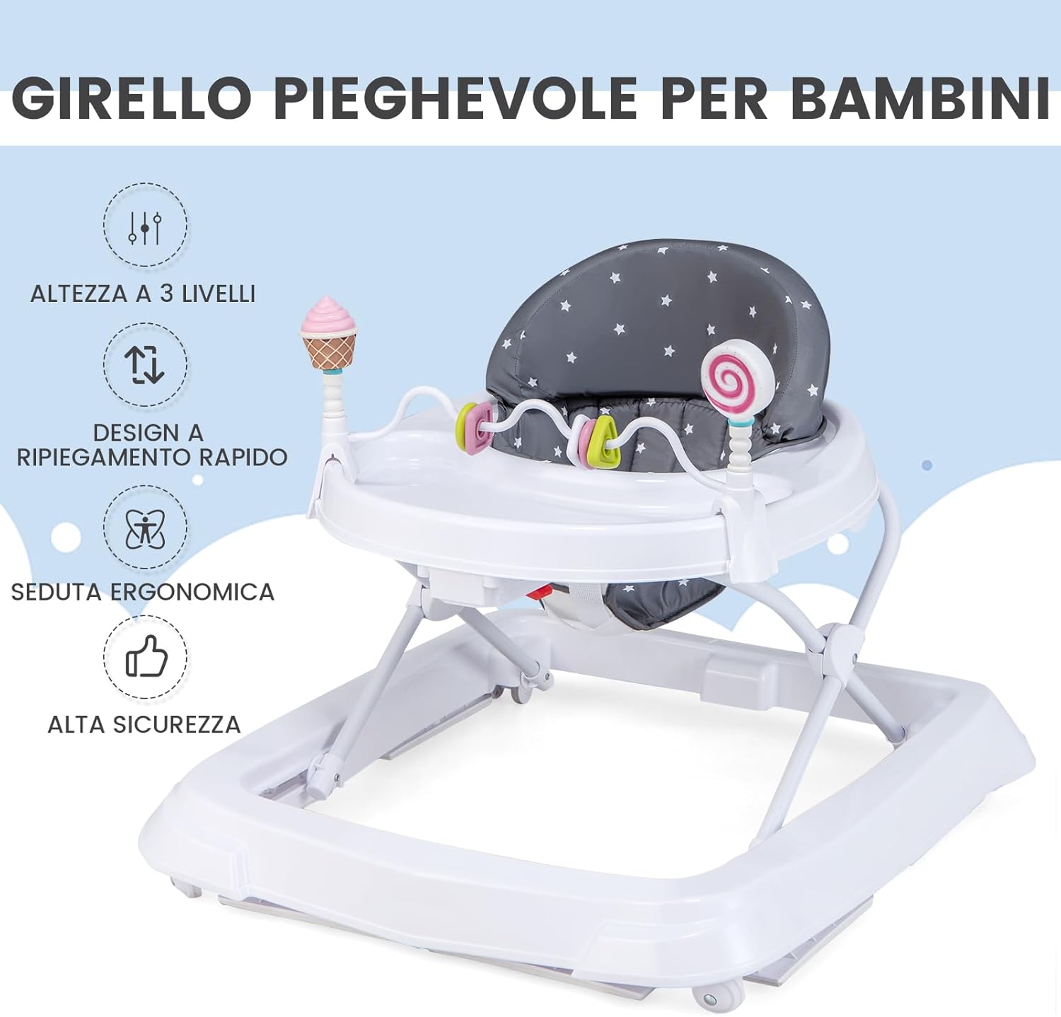 Girello per Bambini, Girello Pieghevole con Ruote, Altezza Regolabile su 3 Livelli, Cuscino del Sedile Rimovibile, per Bambini 6-36 Mesi (Grigio)