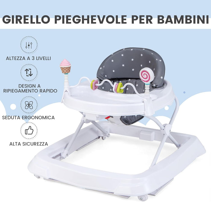 Girello per Bambini, Girello Pieghevole con Ruote, Altezza Regolabile su 3 Livelli, Cuscino del Sedile Rimovibile, per Bambini 6-36 Mesi (Grigio)
