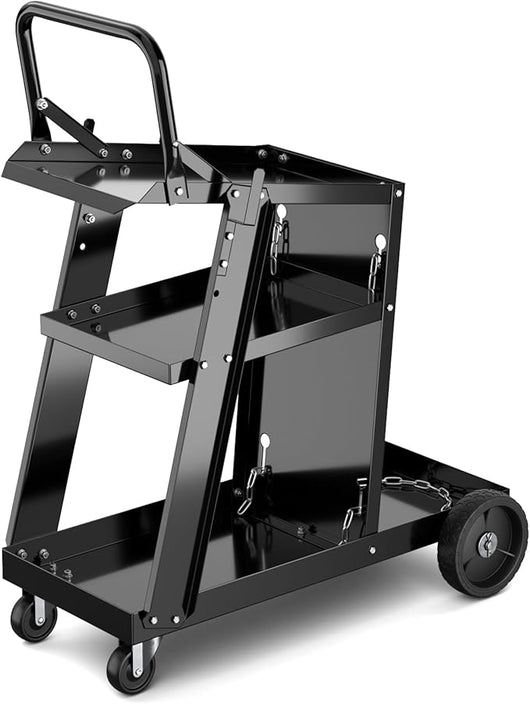 Carrello da Saldatura a 3 Livelli, Carrello per Saldatore con Struttura in Metallo, 4 Ruote Bloccabili Universal e Spazio per Serbatoio con Catene Anti-Ribaltamento, Carrello per Officina