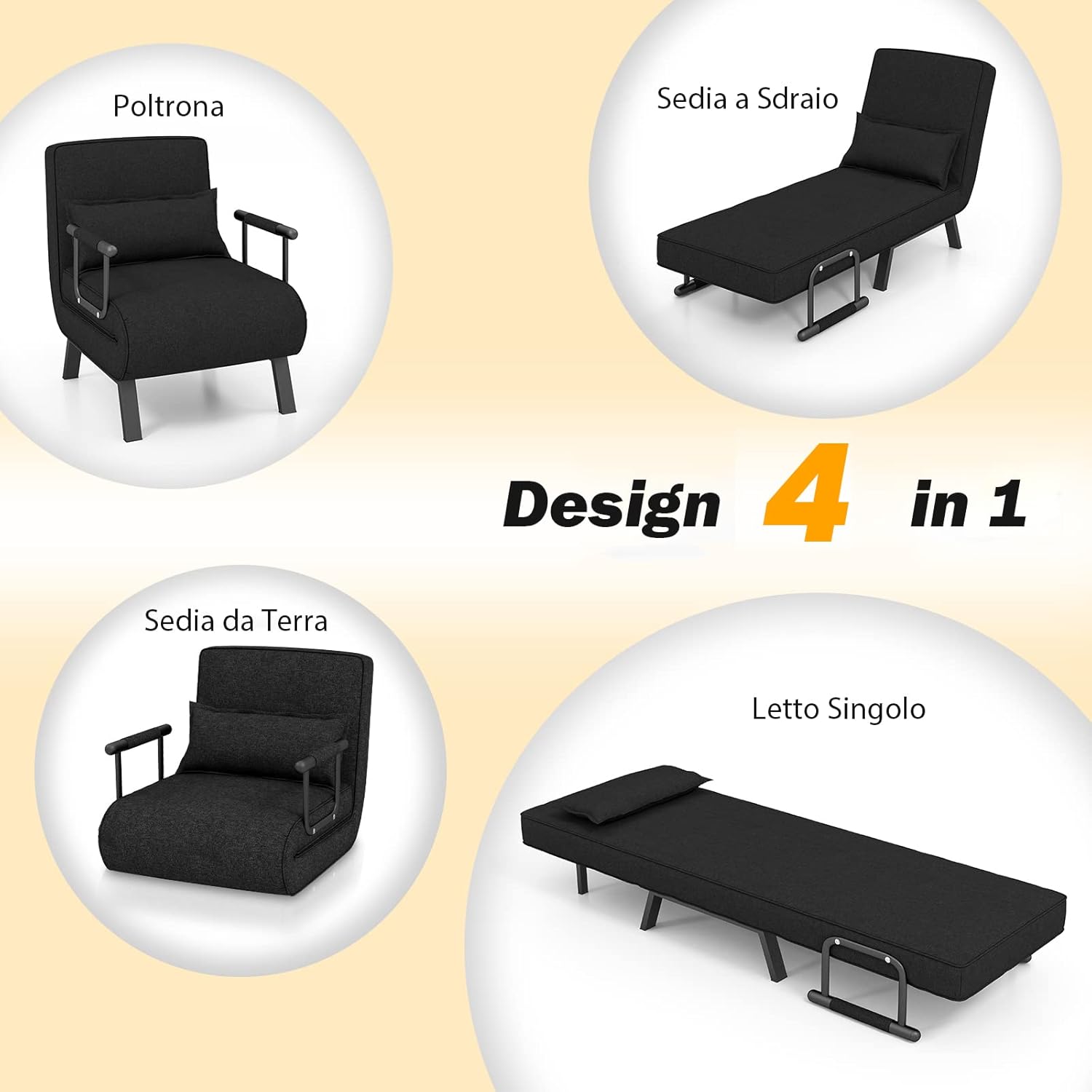 Poltrona Letto Singolo, Poltroncina Pieghevole con Schienale Regolabile in 6 Posizioni, Cuscino Rimovibile e Sedile Imbottito Robusto, Divano Letto per Casa Ufficio, 79x65x79 cm (Nero)