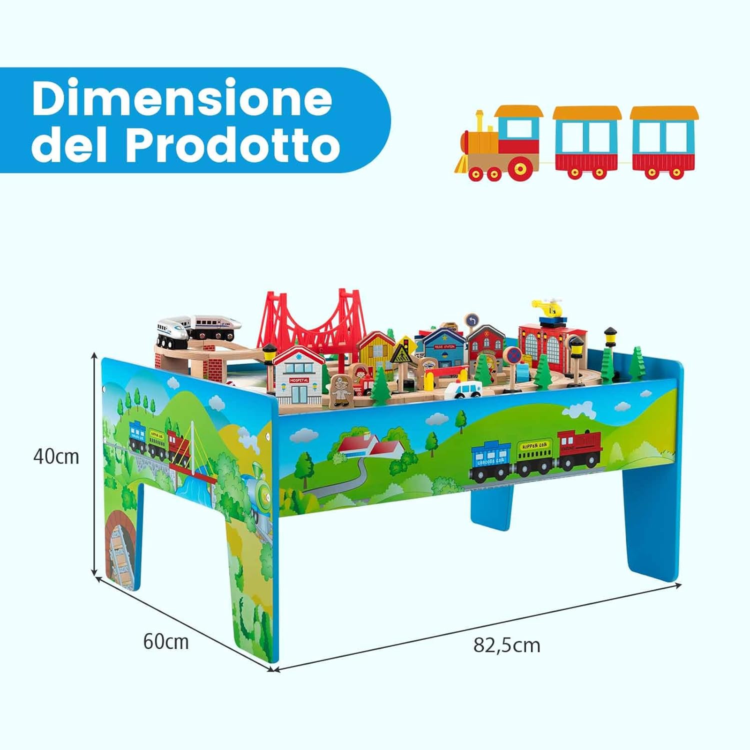 Tavolo e Set di Trenini in Legno, Tavolo Reversibile e Staccabile e Binari in Legno Massiccio, Set da Gioco Creativo 84/80 Pezzi, per Bambini 3 Anni+ (Stile 2)