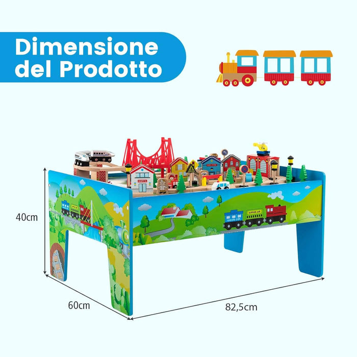 Tavolo e Set di Trenini in Legno, Tavolo Reversibile e Staccabile e Binari in Legno Massiccio, Set da Gioco Creativo 84/80 Pezzi, per Bambini 3 Anni+ (Stile 2)