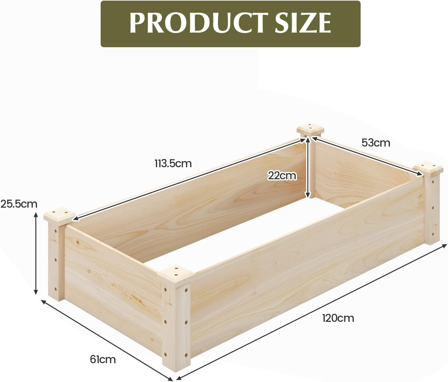 Orto Rialzato da Esterno in Legno di Pino, Vaso per Piante con Fondo Aperto, Fioriera da Giardino per Fiori, Verdure e Erbe da Balcone o Terrazza, Naturale (120 x 61 x 25,5 cm)