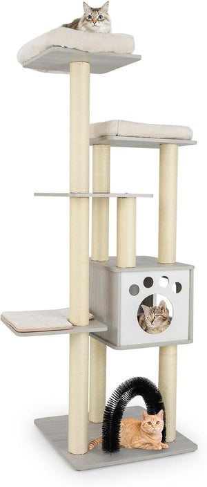 Albero Tiragraffi per Gatti 176 cm, Tiragraffi per Gatti con 2 Trespoli in Tessuto Felpato, Arco Massaggiante, Cuccia, Pali in Sisal e Tapettini Lavabili, Torre per Animali Domestici (Grigio)