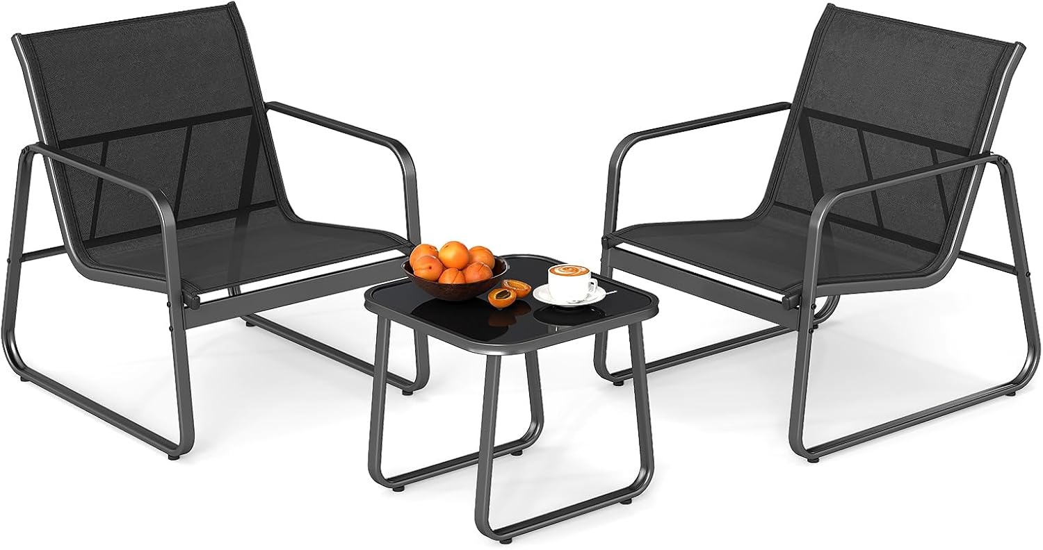 Set da Conversazione a 3 Pezzi, Set di 2 Sedie in Textilene e Tavolino in Vetro Temperato, Set da Giardino a 3 Pezzi con Struttura in Metallo, per Giardino, Terrazza, Piscina (Nero)