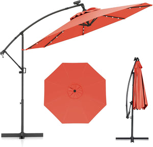Ombrellone da Giardino ∅300 cm con 32 Luci LED, Ombrellone Prendisole con Rotazione di 360°, Inclinazione Regolabile, 8 Stecche, Manovella, per Giardino Piscina Cortile (Arancione)