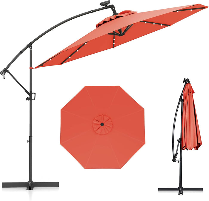 Ombrellone da Giardino ∅300 cm con 32 Luci LED, Ombrellone Prendisole con Rotazione di 360°, Inclinazione Regolabile, 8 Stecche, Manovella, per Giardino Piscina Cortile (Arancione)