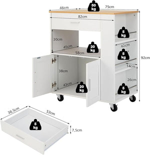 Carrello da Cucina con Ruote, Isola da Cucina con 3 Portaspezie 1 Cassetto Armadietto a 2 Porte, Carrello Portaoggetti con Portasciugamani, 82x46x92 cm (Bianco)