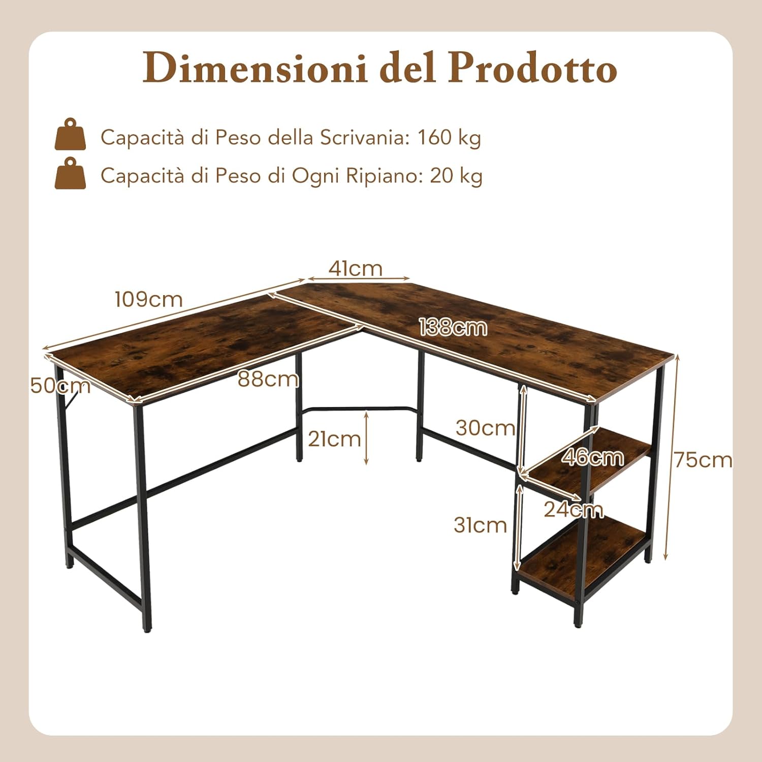 Scrivania Angolare 138 CM, Scrivania ad Angolo con 2 Prese, 2 Porte USB, Telaio in Acciaio al Carbonio e Ripiano a 2 Livelli Rimovibile, Scrivania Salvaspazio da Ufficio e Casa (Marrone)