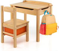 Set Tavolo e Sedia per Bambini, Scrivania Ribaltabile con Sedia per Bambini in Legno, con Cassetto e Gancio Estraibile, Bianco/Naturale (Naturale)