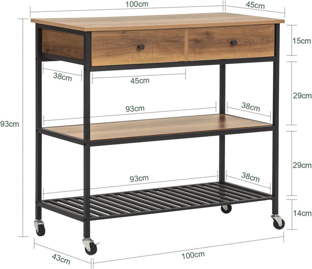 Carrello da Cucina e Mobile Cucina Salvaspazio con 2 Cassetti e 2 Ripiani – Mobiletto con Ruote Stile Industriale, Credenza Compatta per Ingresso, Cucina o Soggiorno 100x45x93cm FKW112-PF