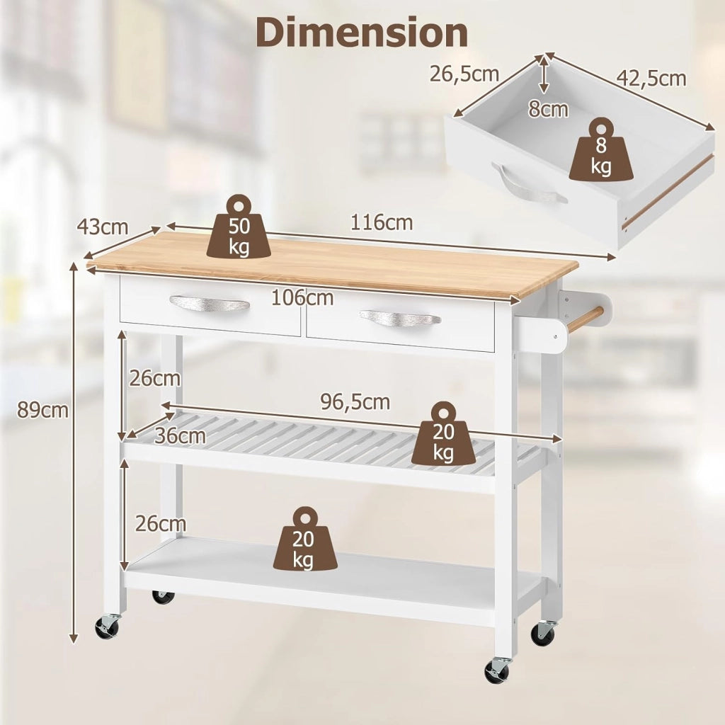 Carrello da cucina in legno con ruote, carrello ausiliario con 2 cassetti e 2 ripiani aperti, isola di cucina mobile con portasciugamani laterale, per sala da pranzo, bar, 116 x 44 x 89 cm