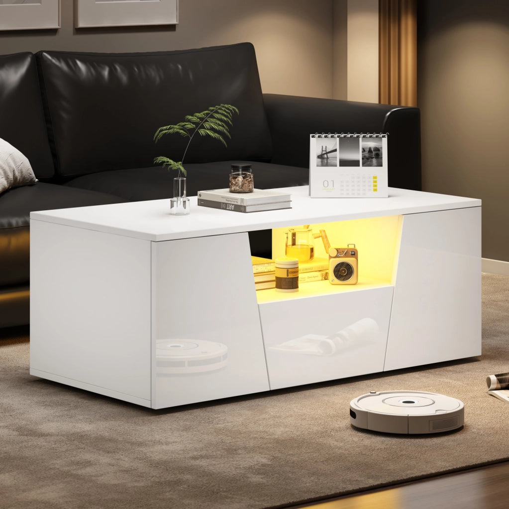 Tavolino da caffè bianco LED 100×50×40 cm con 2 ante e cassetto