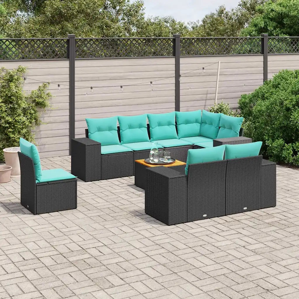 Set Divani da Giardino 9 pz con Cuscini Nero in Polyrattan 3225539