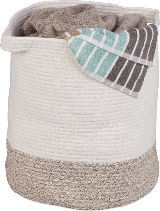 Cestino da stendino pieghevole in stile boho con maniglie - bianco-marrone - 45x40 cm