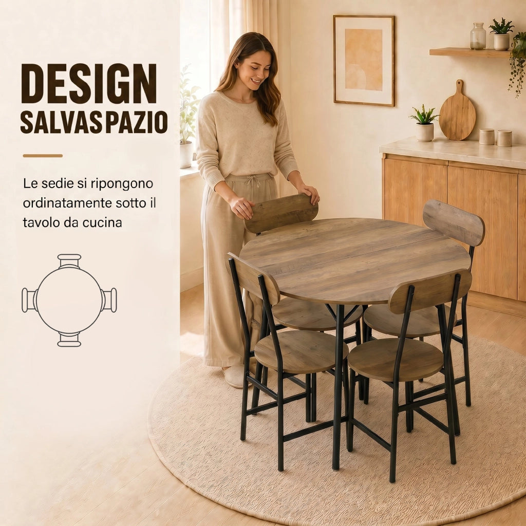 Set Pranzo 5 Pezzi Tavolo Ø100x77 cm e 4 Sedie 42x52x88 cm con Gambe Metallo Color Legno