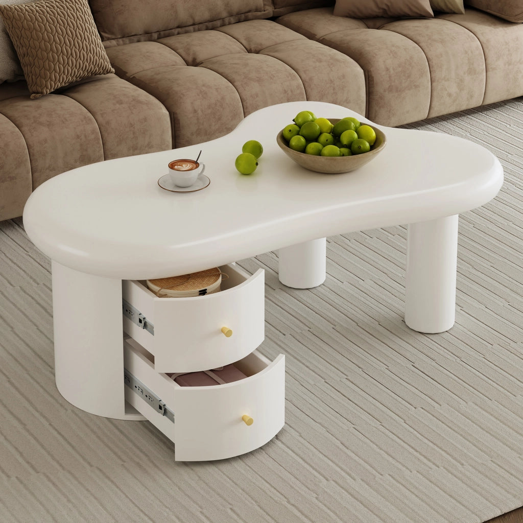 Tavolino da Caffè Forma Organica con 2 Cassetti; Struttura in MDF; Design Minimalista; Bianco; 97×64×42 cm